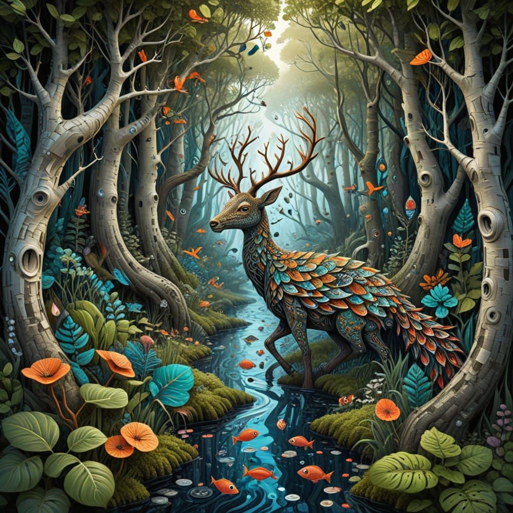 Whimsical Creatures in Enchanted Birch Forest