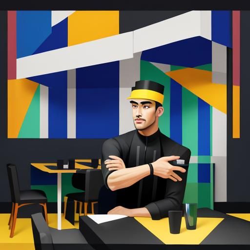 Cubist Waiter in Rainy Cafe, Art Deco Style