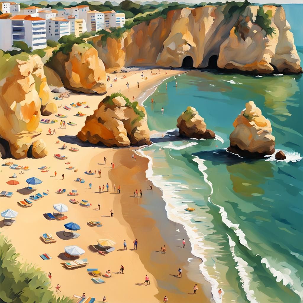 Praia da Rocha Beach Gouache Impressionist Painting