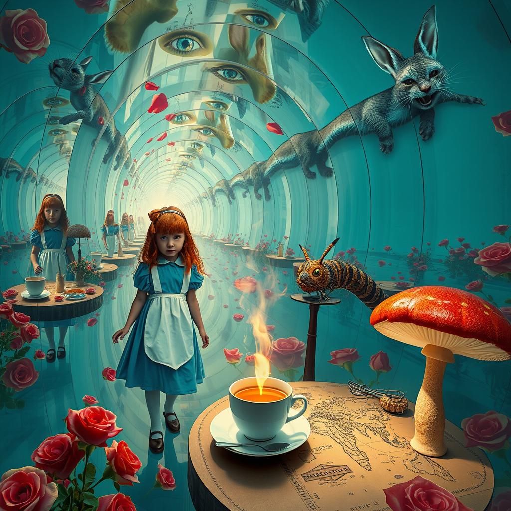 Surreal Mirrored Hallway with Alice in Wonderland Characters