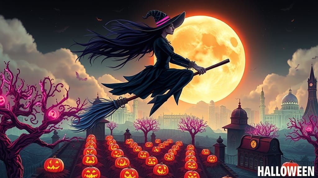 Futuristic Witch Soaring Through Cyberpunk Halloween Night