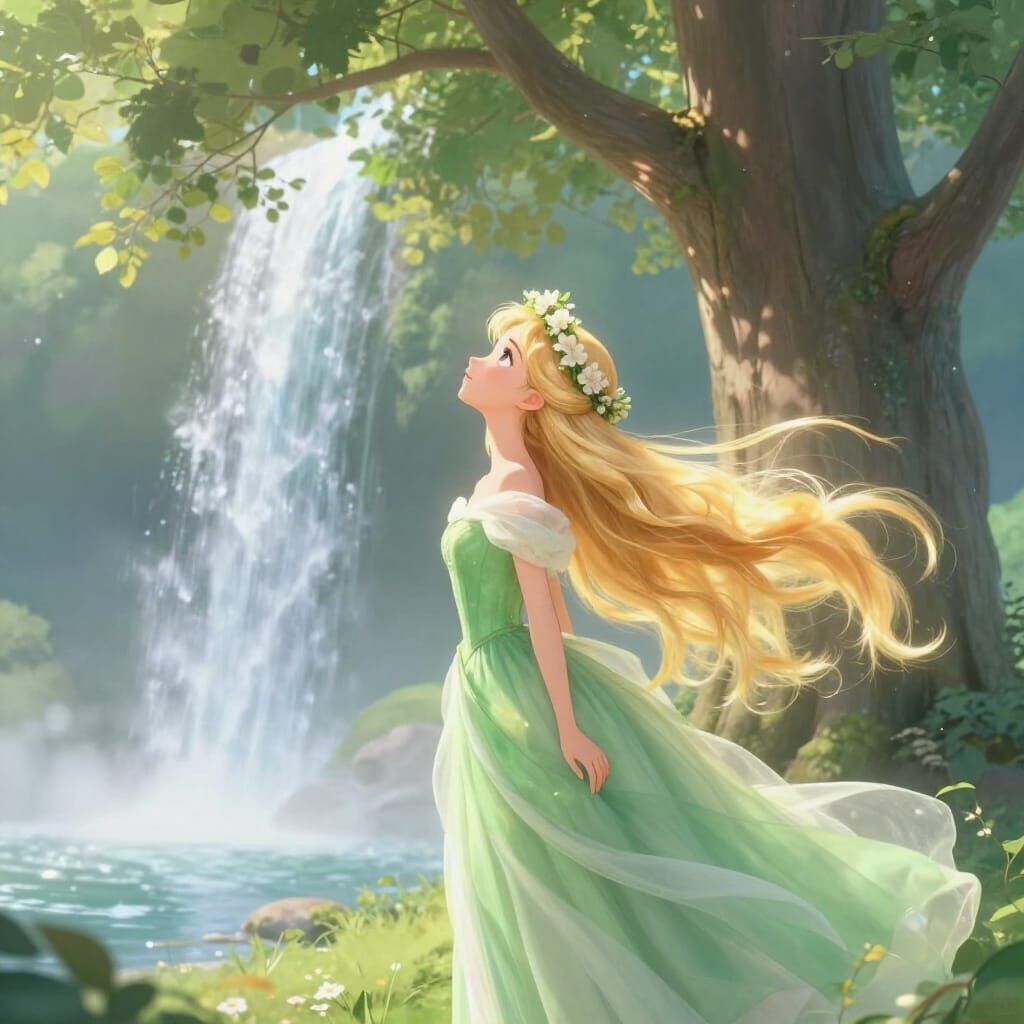 Ethereal Princess in Green Dress Gazing at Majestic Tree