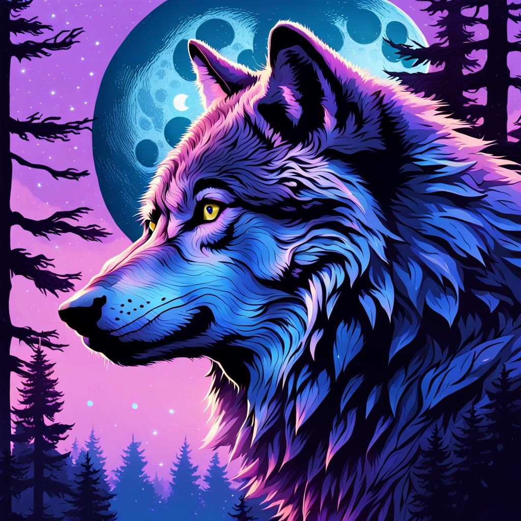 Wolf Gazing at Moon in Digital Art Style