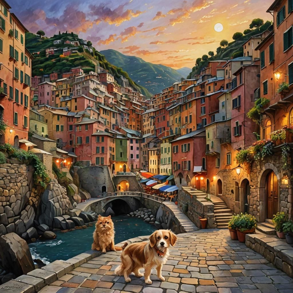 Oil Painting. Sunset town at Cinque Terre, Italy