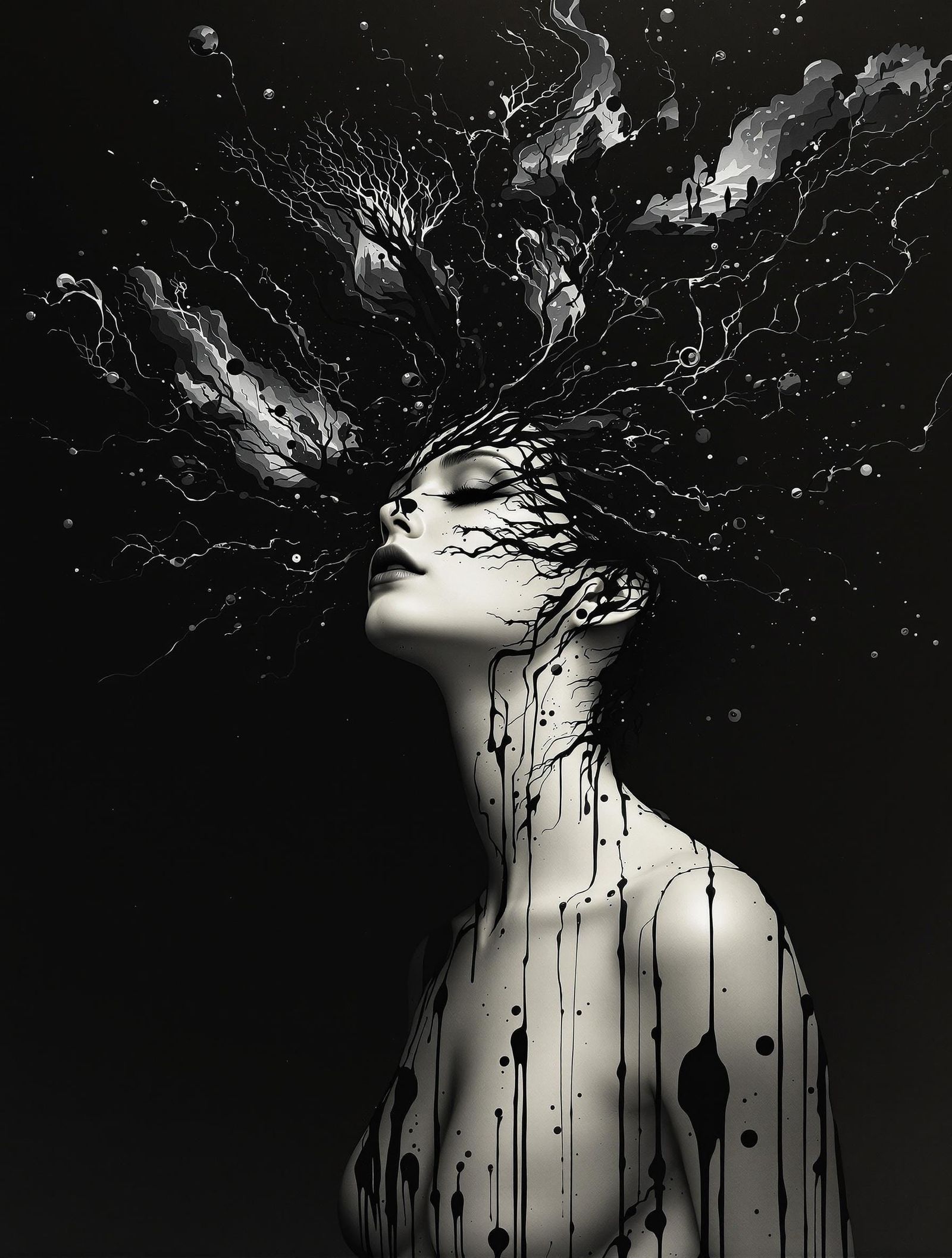 Ethereal Ink Goddess in Chiaroscuro Realms