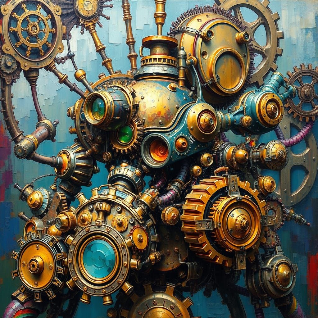 Steampunk Mech in Ornate Neo-Impressionist Oil Painting