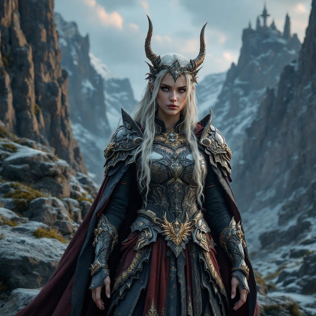 Valkyrie Warrior in Ornate Armor, Nordic Landscape