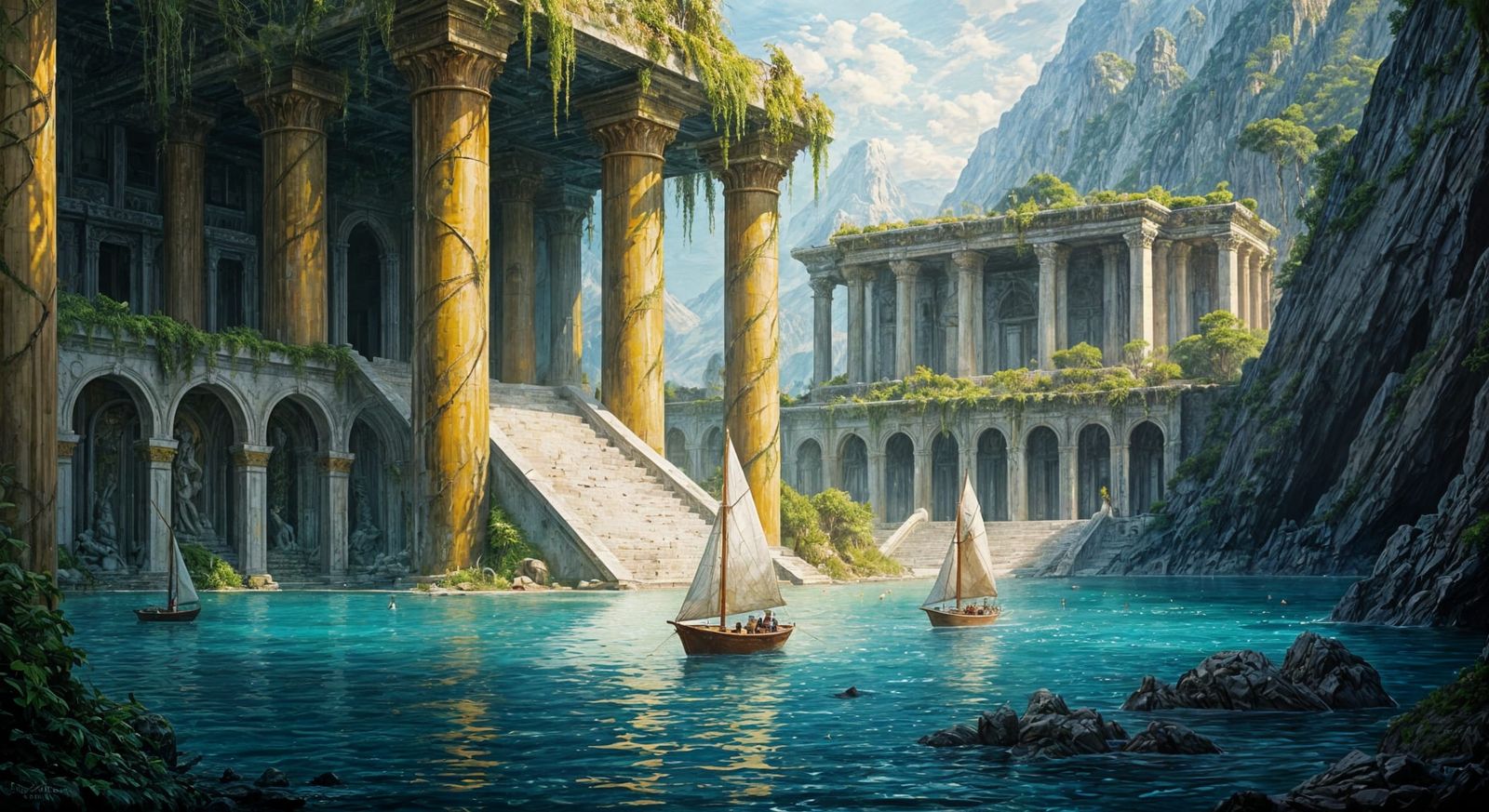 Sailboats in Lagoon Temple: Impasto Style Painting