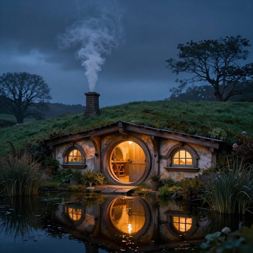 Cozy Hobbit Hole in Bog at Night
