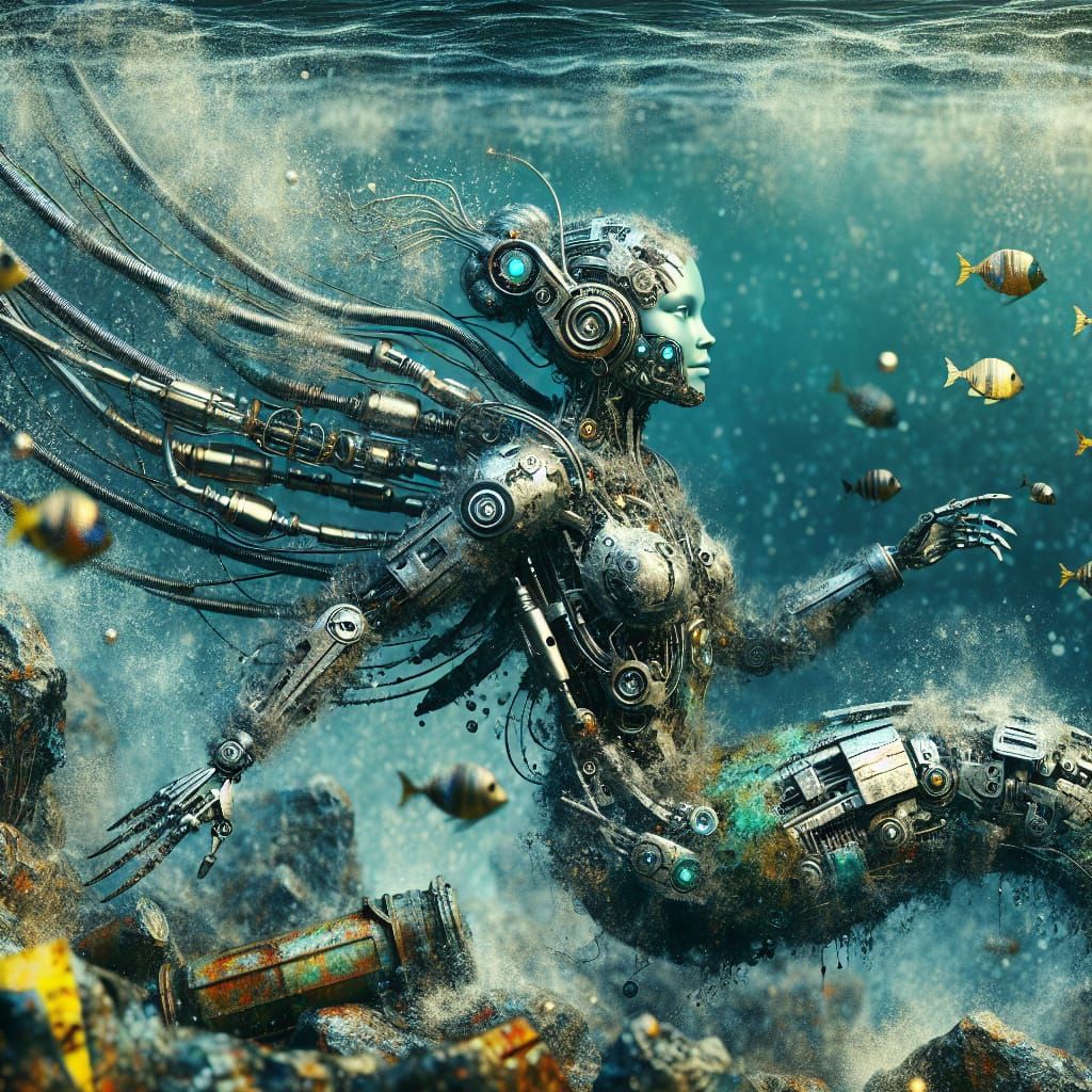 Dystopian Biomechanical Mermaid in Toxic Ocean