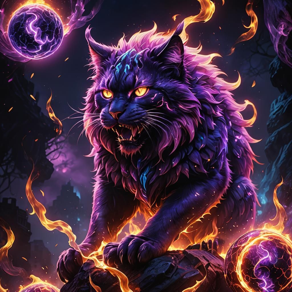 Giant Fire Cat with Purple Aura, Digital Art