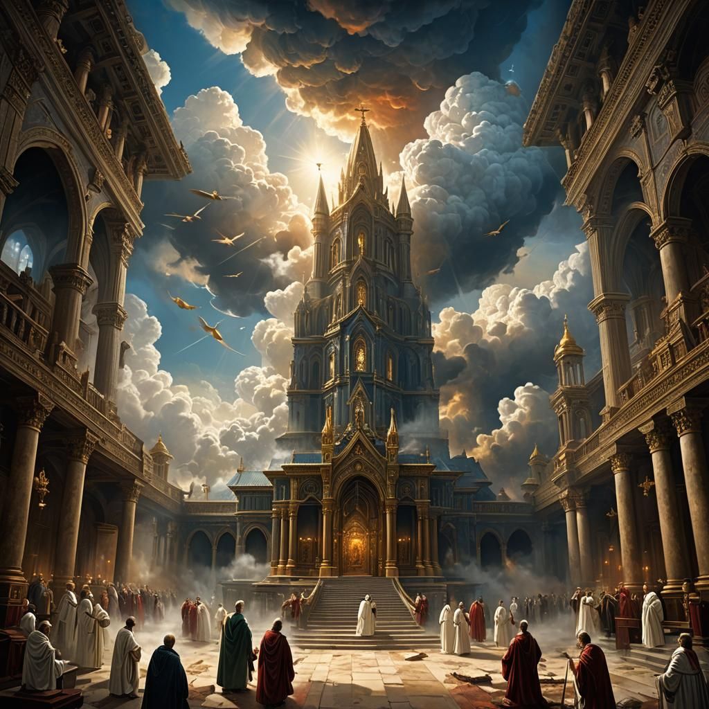 Divine Cloud Fills Temple in Detailed Matte Painting