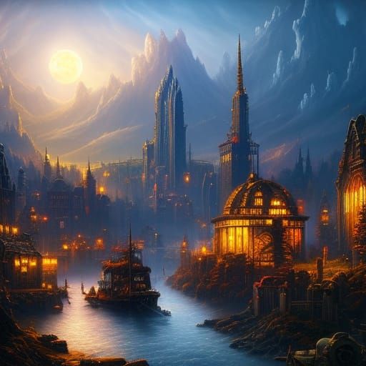 Gothic Post-Apocalyptic City Under Giant Moon