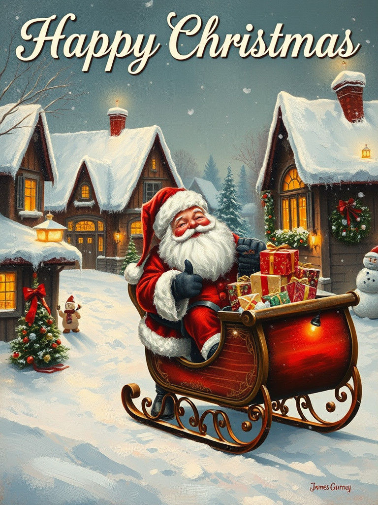 Vintage Christmas Village Scene with Santa, Oil Painting