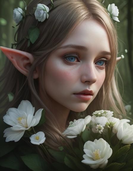 Enchanting Elf Portrait in Floral Embrace
