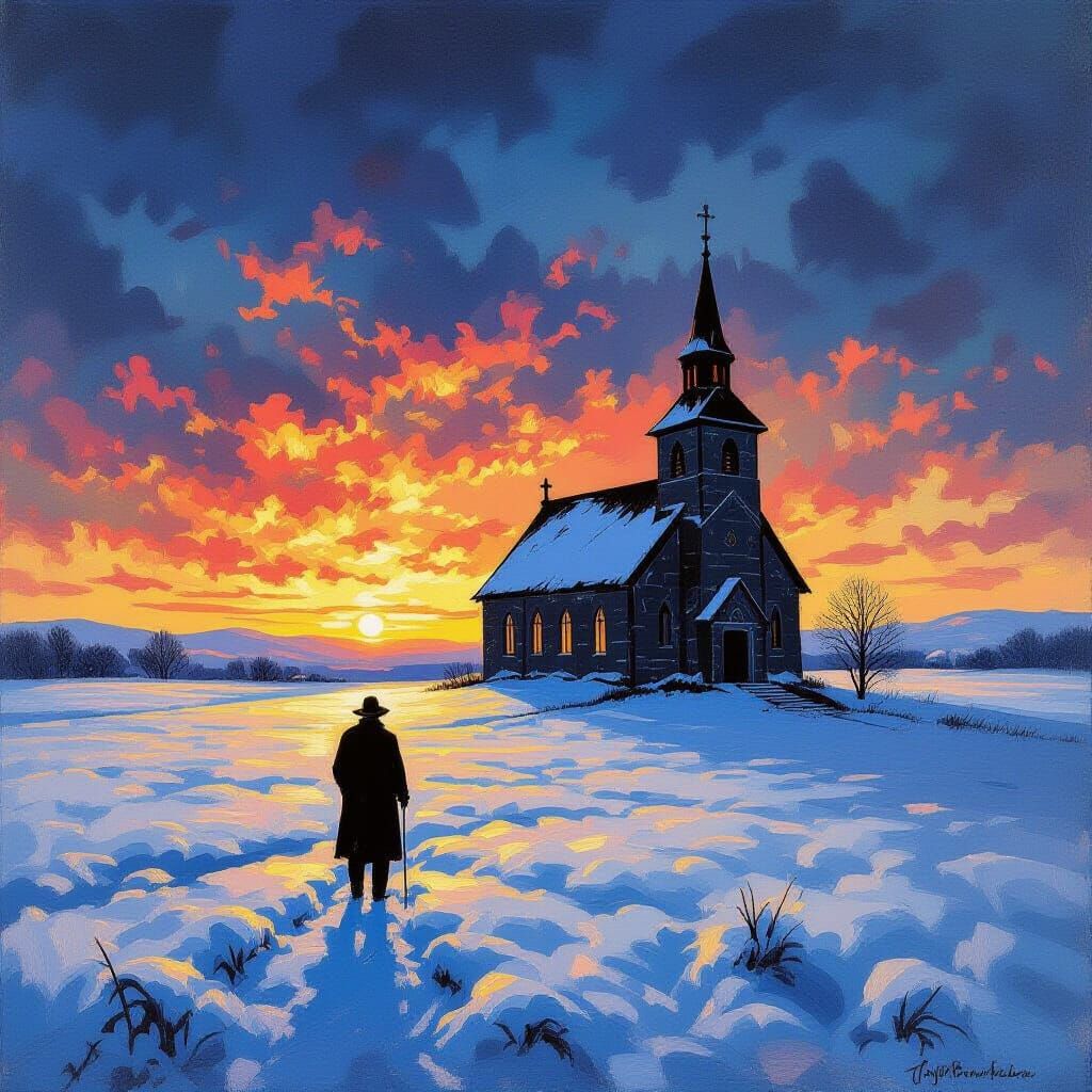 Farmer Approaching Ancient Church at Twilight in Impasto Sty...