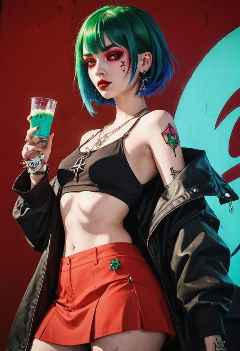 Cyberpunk Girl Portrait with Tattoos and Piercings