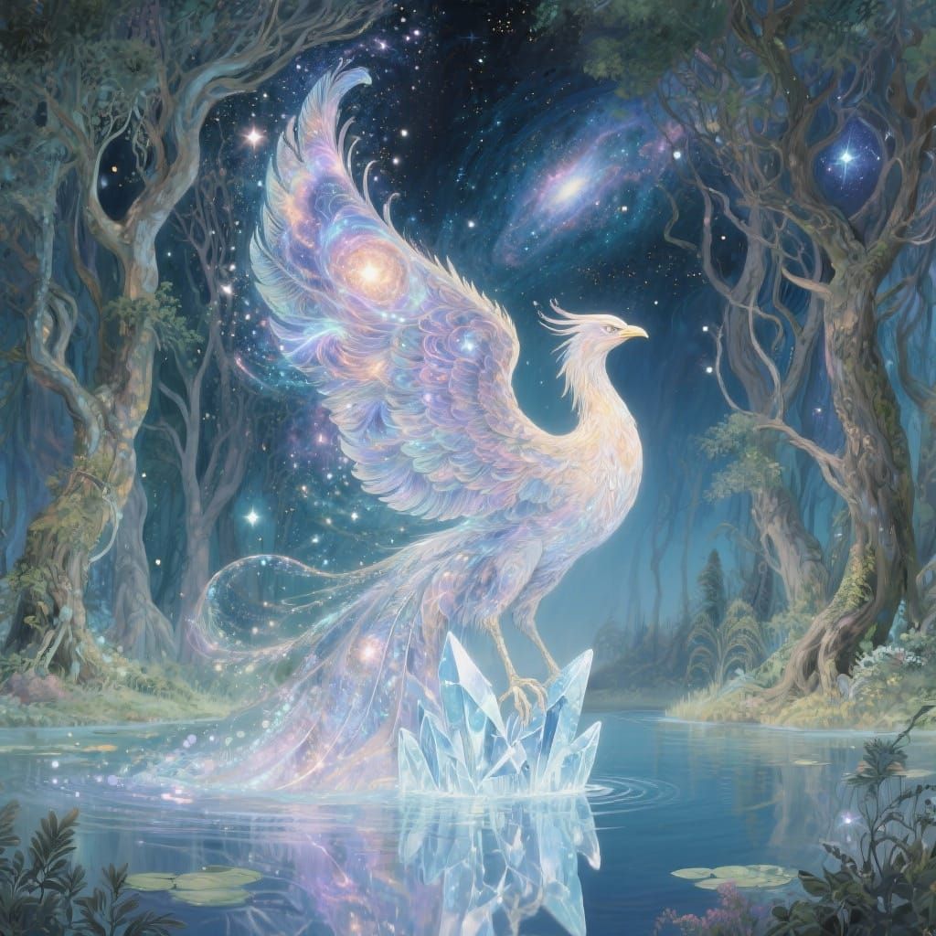 Phoenix Rises from Crystal Lake in Cosmic Art Nouveau Style