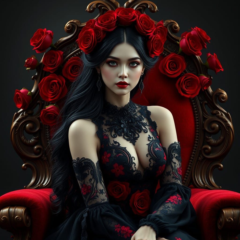 Elegant Gothic Romance: Pale-Skinned Beauty in Crimson Splen...