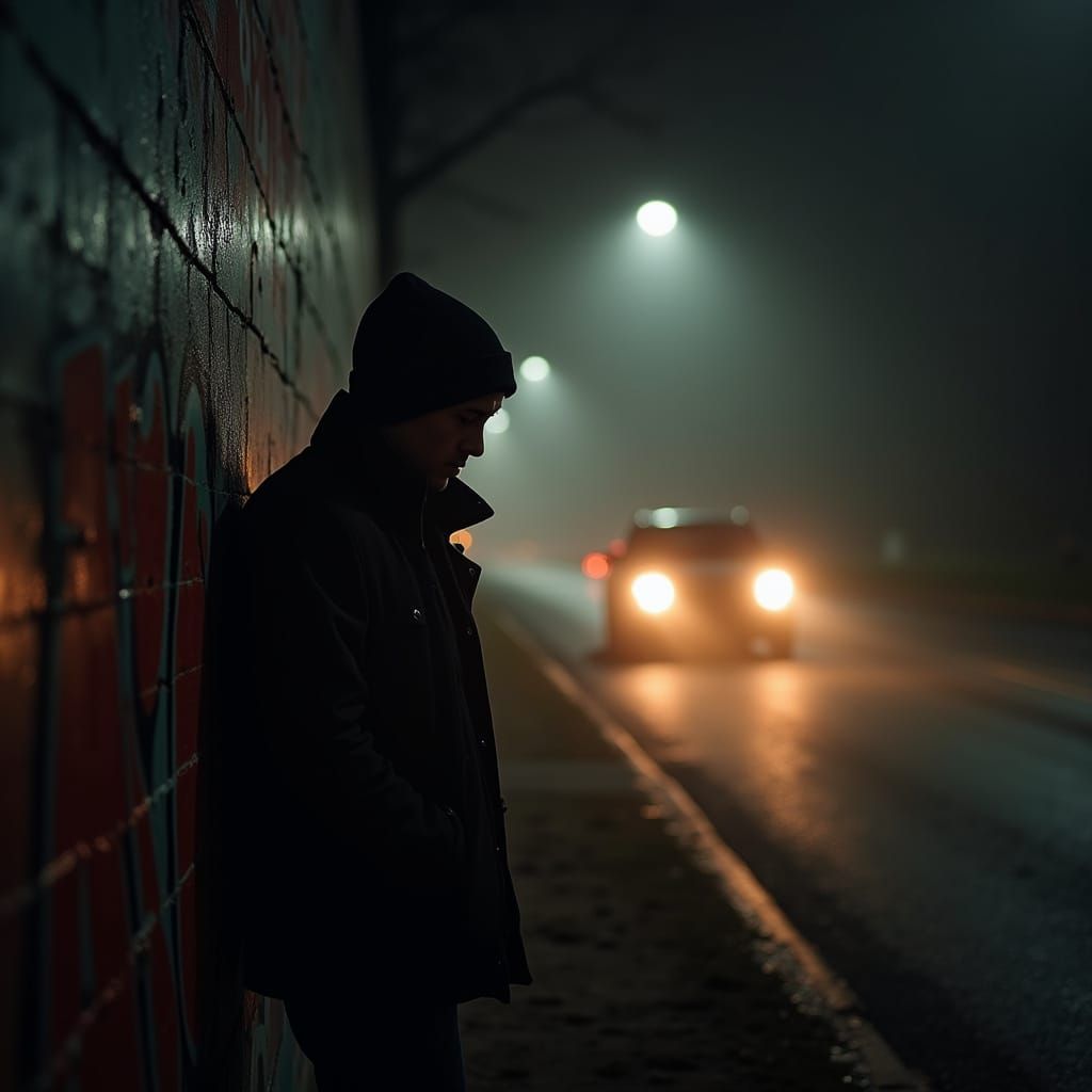 Man Hiding in Foggy Alley at Night