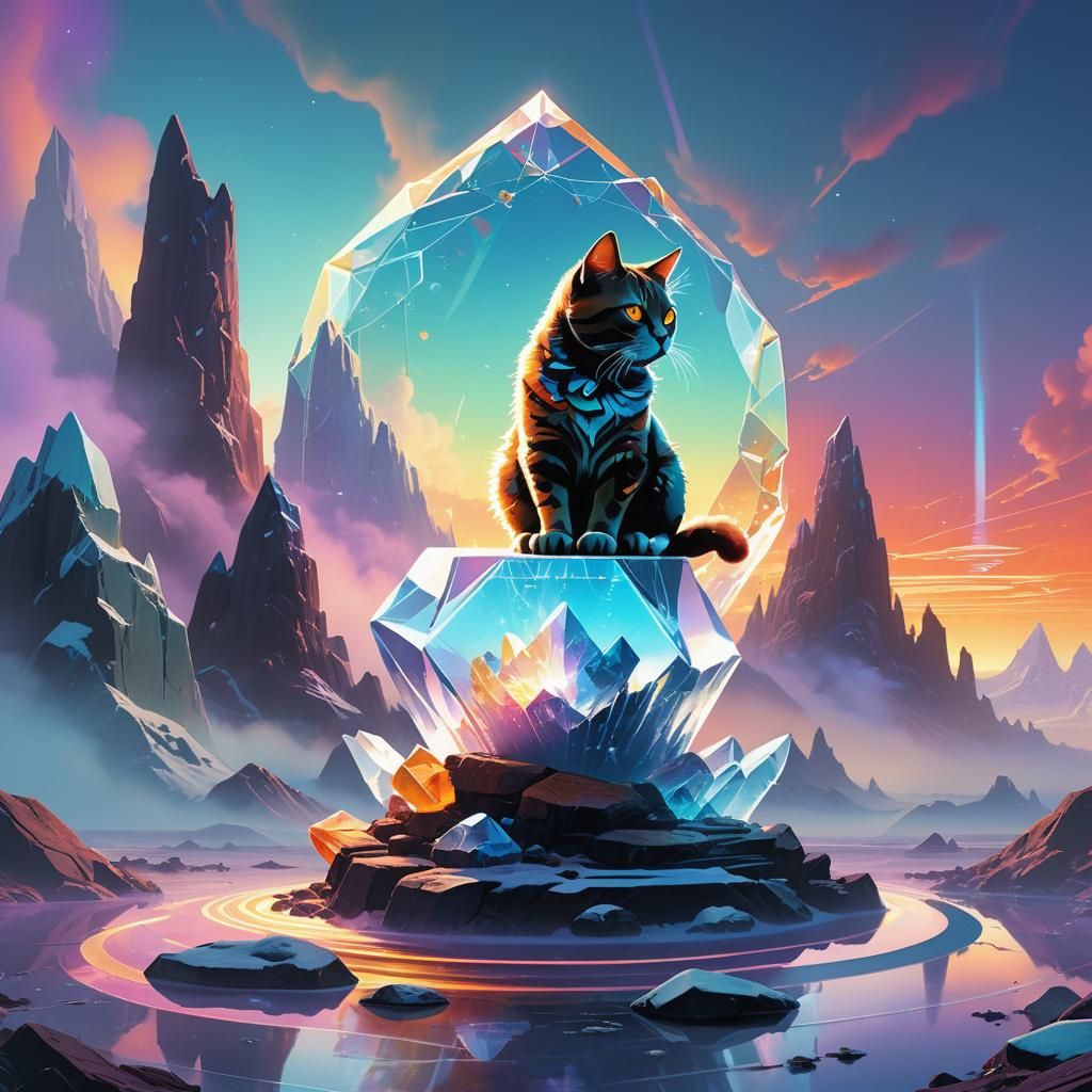 Mystical Crystal Cat Amidst Swirling Mist