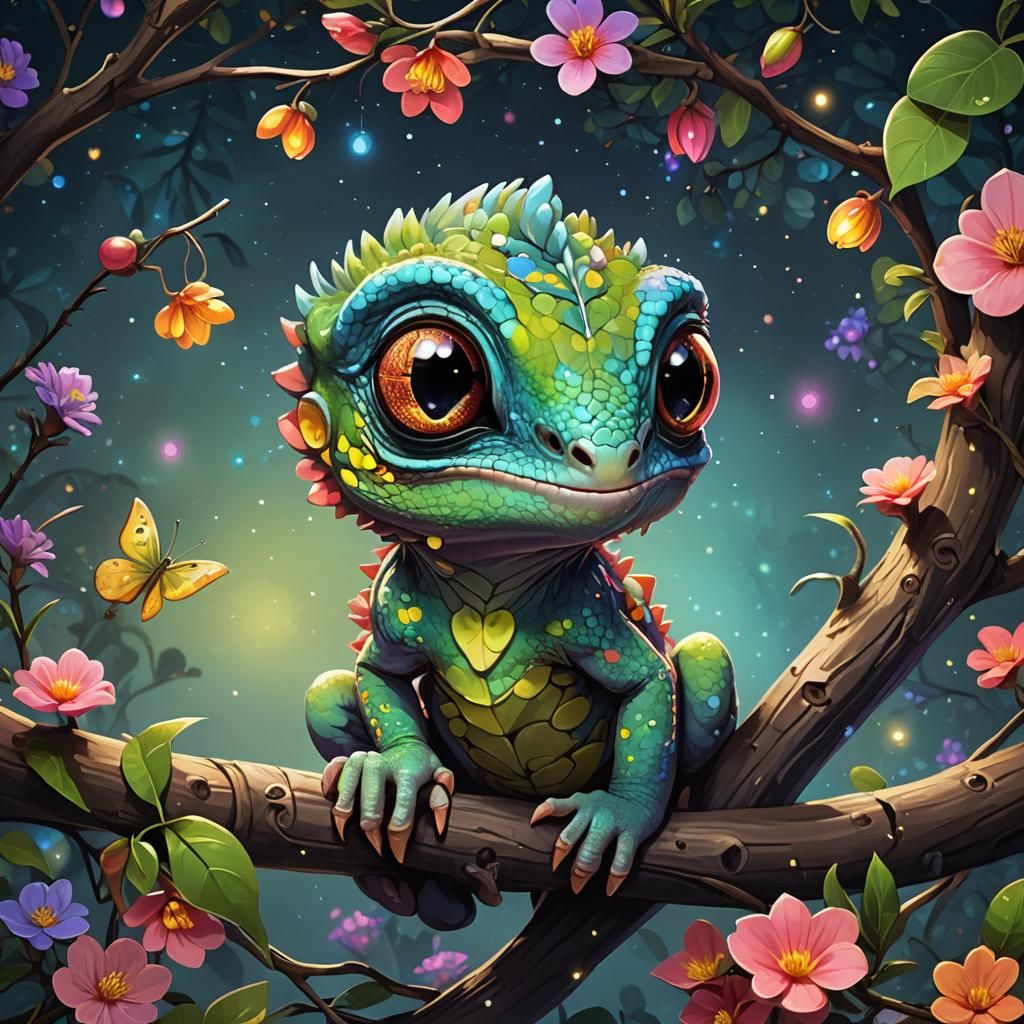 Chameleon in Neo-Impressionistic Expressionist Oil Painting