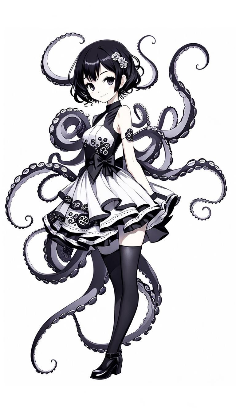 Anime Style Octopus Girl in Ink Drawing
