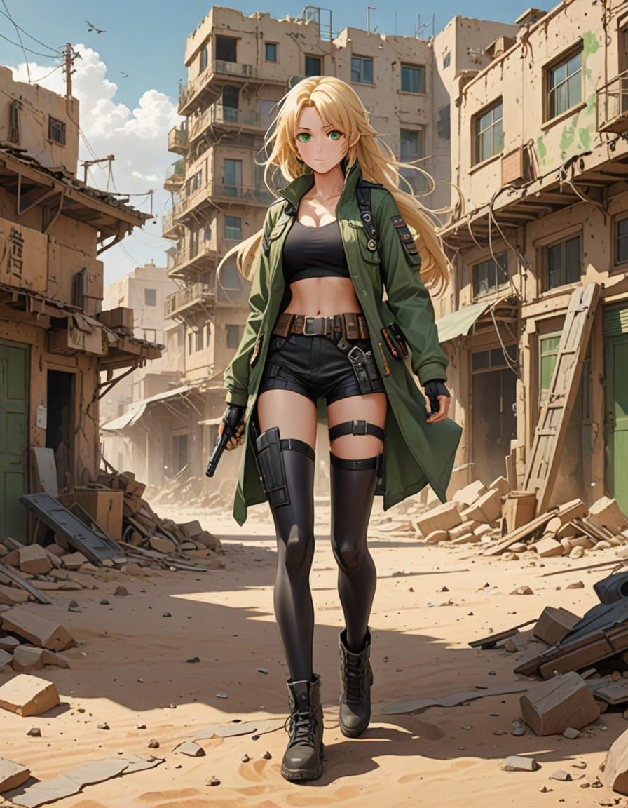 Smiling Sci-Fi Warrior Strolls Through Desert Ruins in Anime...