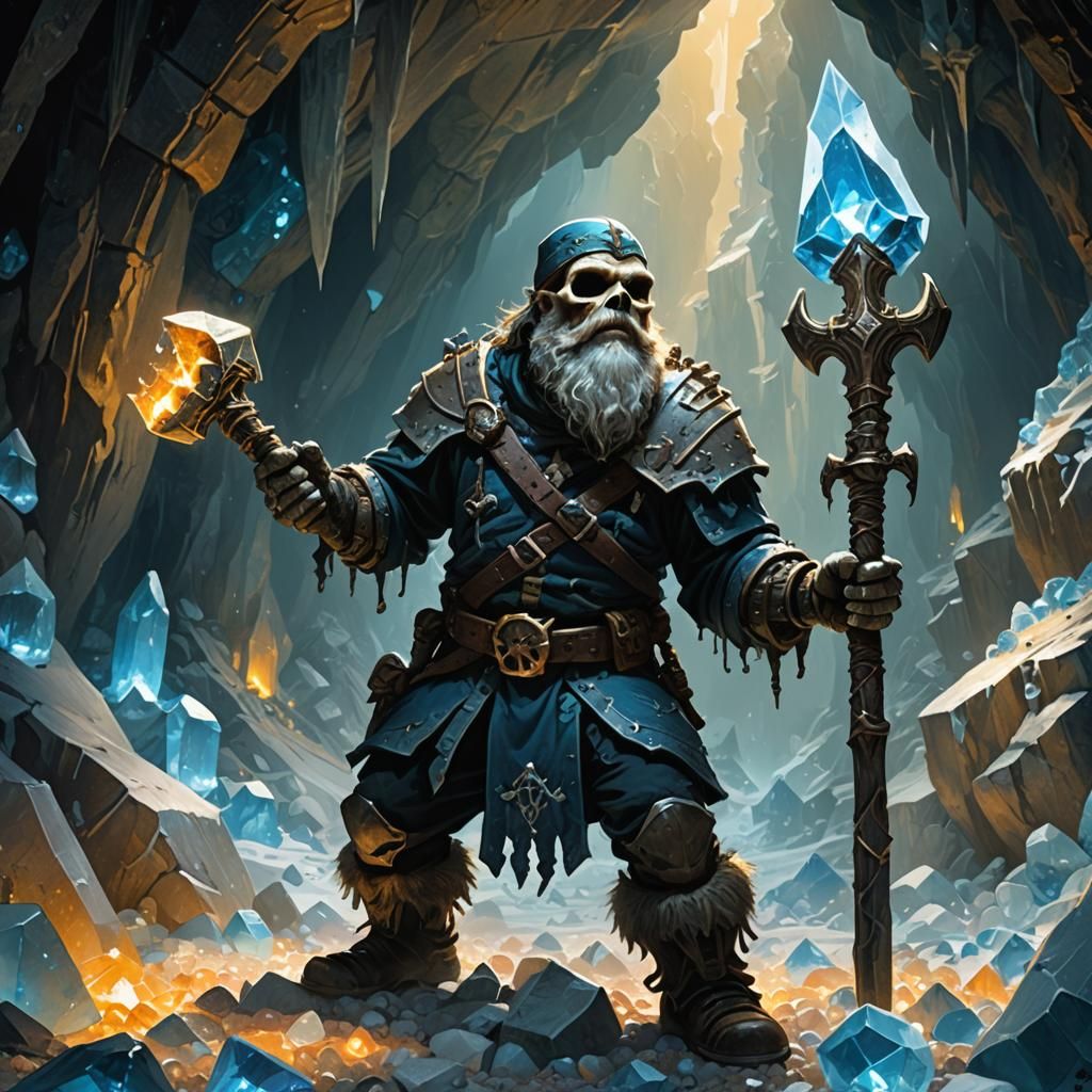 Skeleton Dwarf Miner in Crystal Cave, Fantasy Art