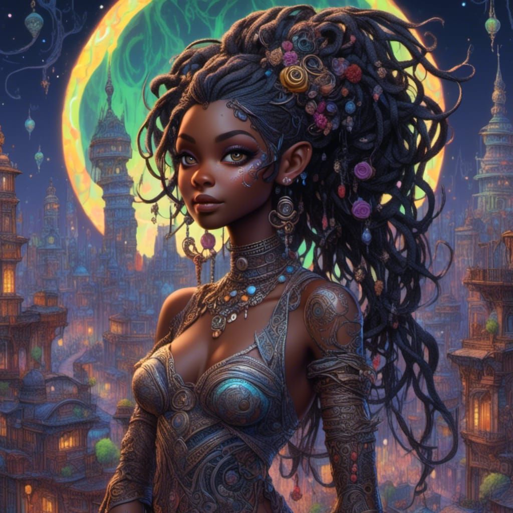 Luminescent Tattooed Figure in Neon Cityscape