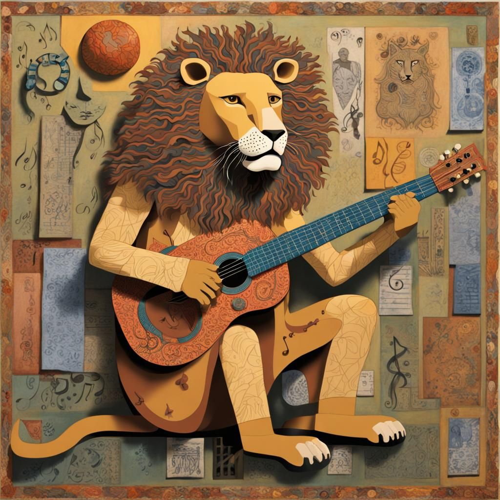 Lion Guitarist in Naive Art Style