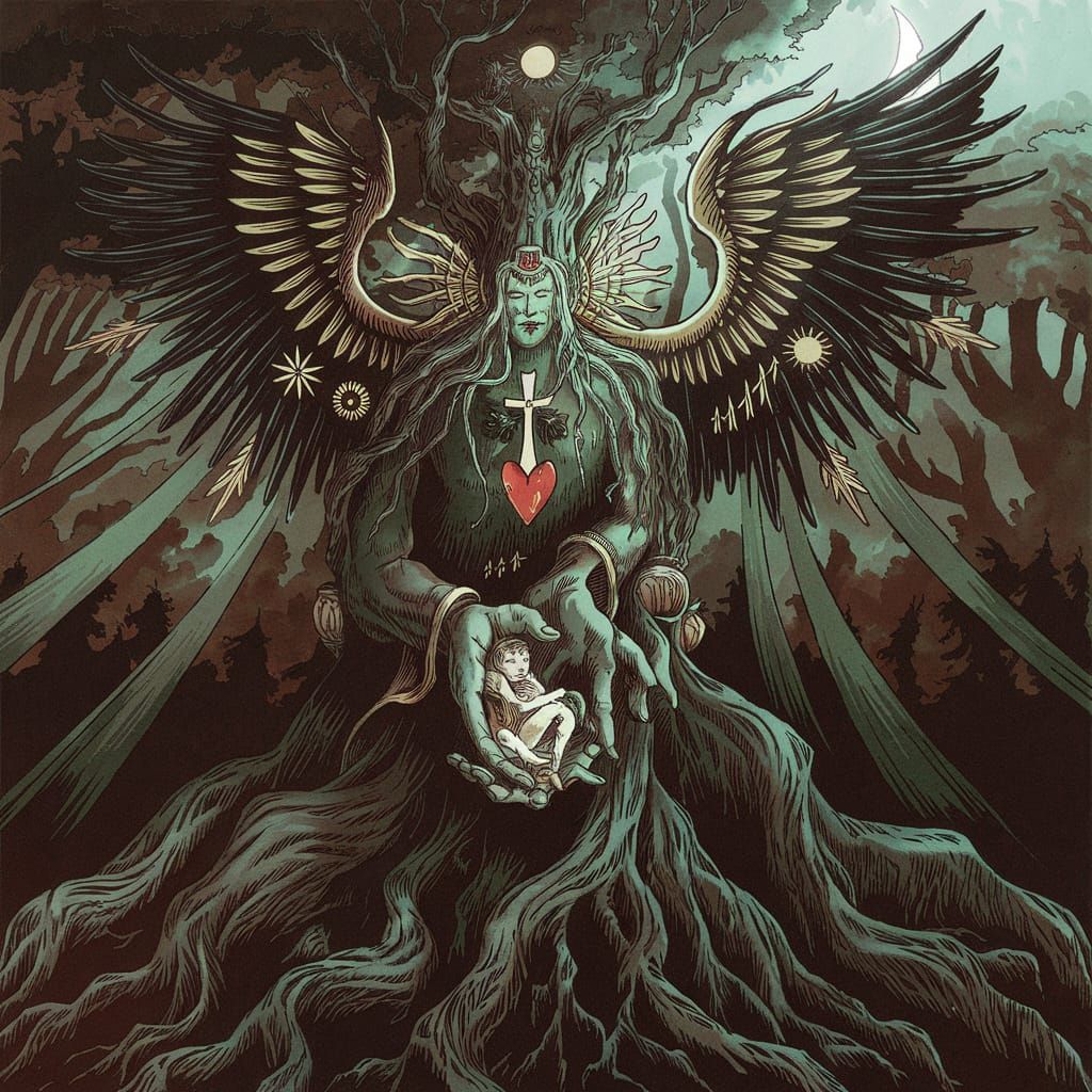 Ancient Tree Spirit Protects Lost Child in Dark Fantasy Art