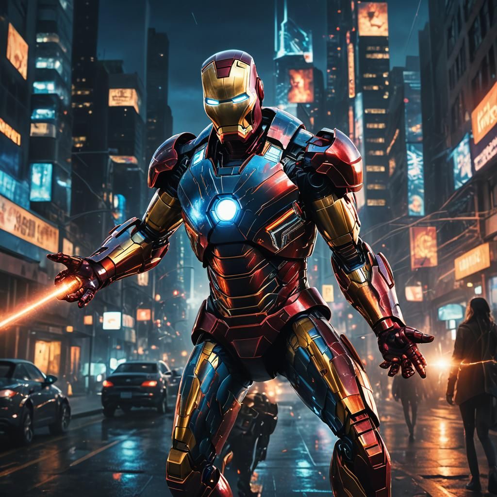 Iron Man Shoots Laser Beams in Dark Cityscape