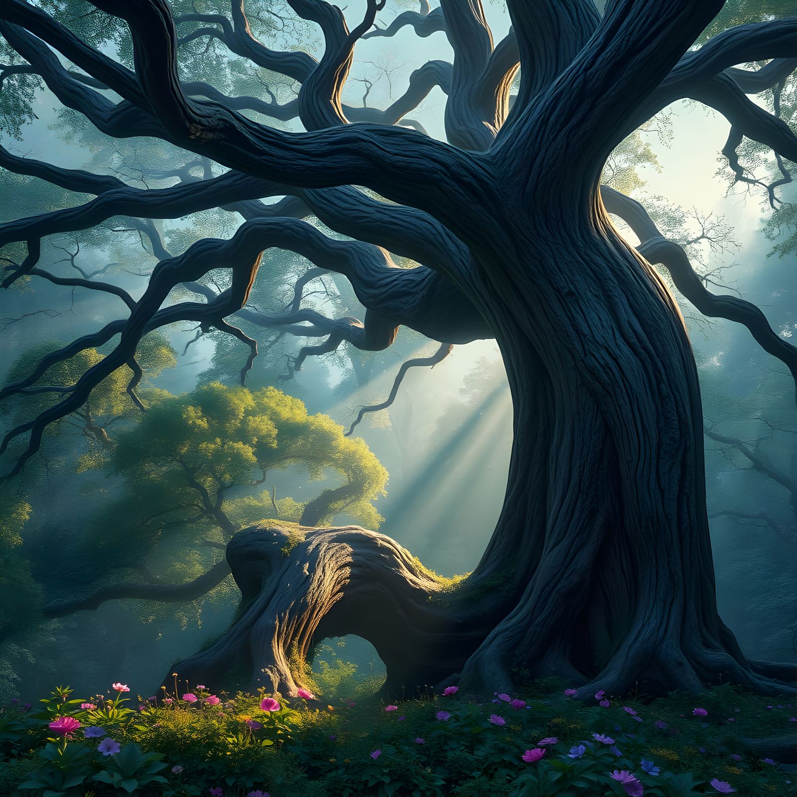 Ancient Oak Tree Illuminated in Moonlit Forest Glade
