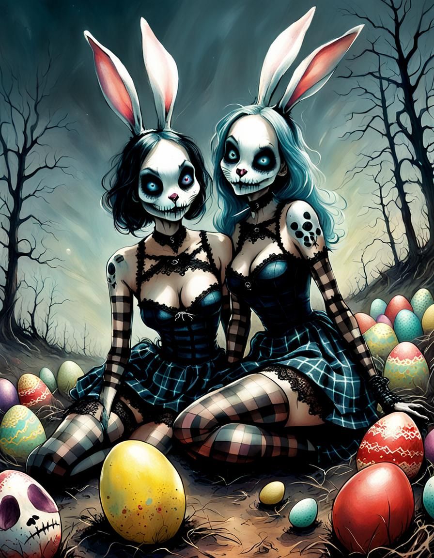 Evil Skeletal Bunny Twins Laying Easter Eggs