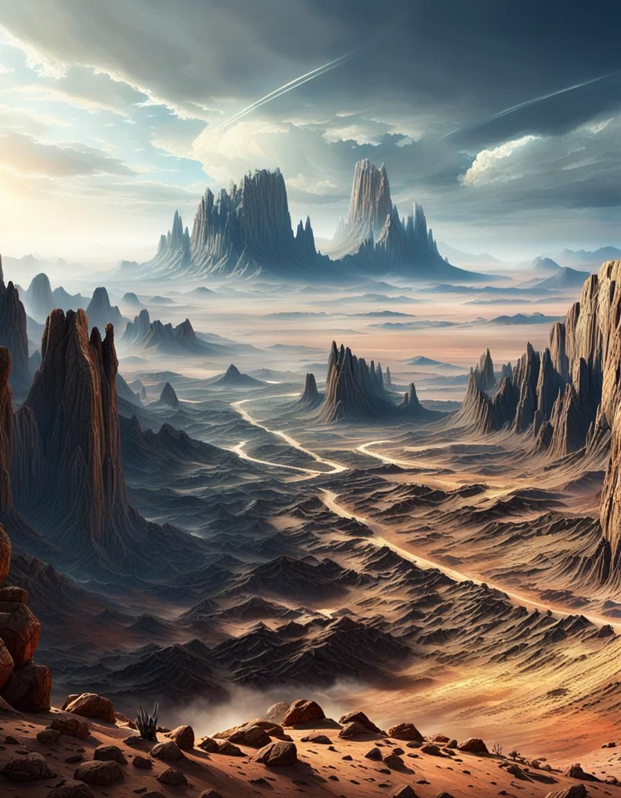 Crashed Spaceship in Arid Desert Landscape