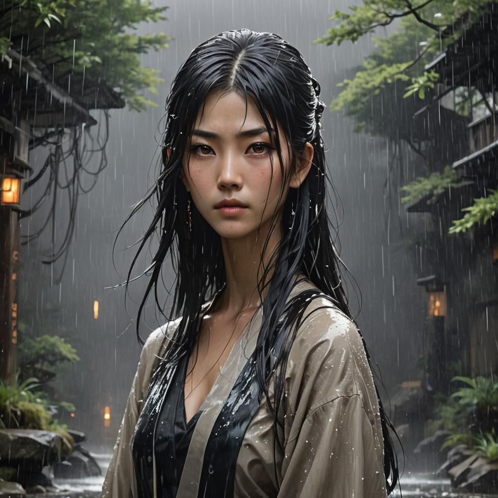 Rain Spirit: Hyperrealistic Japanese Woman in Dark Futurism