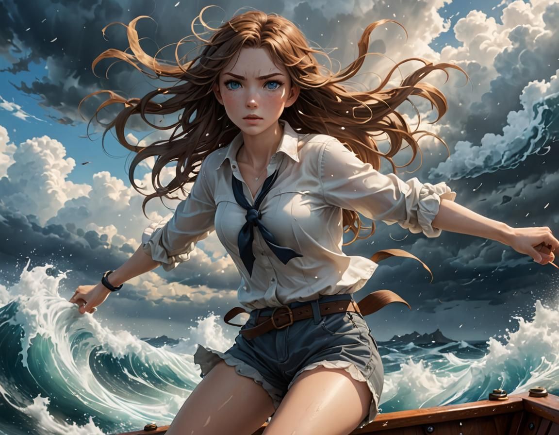 Anime Girl Battles Stormy Sea in 3D Art