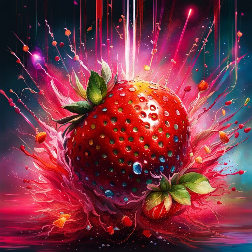 Strawberry Grenade Exploding with Lightning, Digital Art