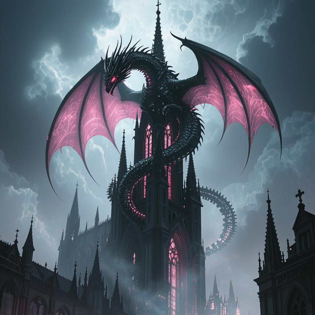 Clockwork Dragon Coiled Around Gothic Cathedral Spire