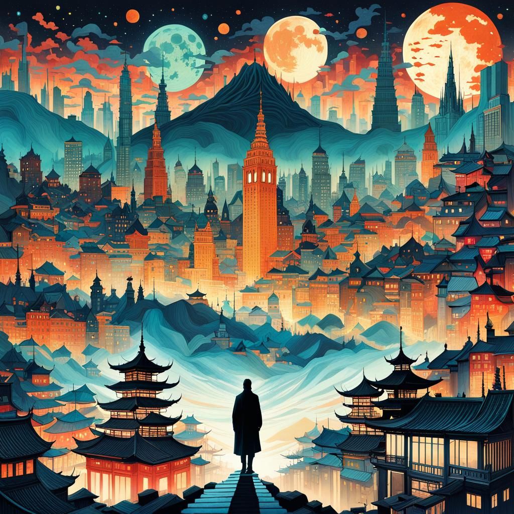 Iridescent Cityscape at Night in Surrealist Style