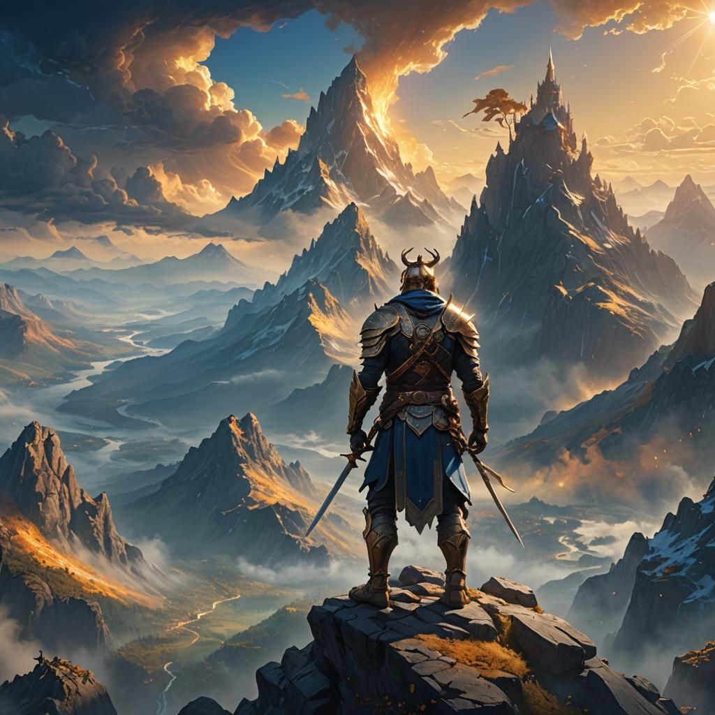 Majestic Warrior Overlooking Mystical Realm