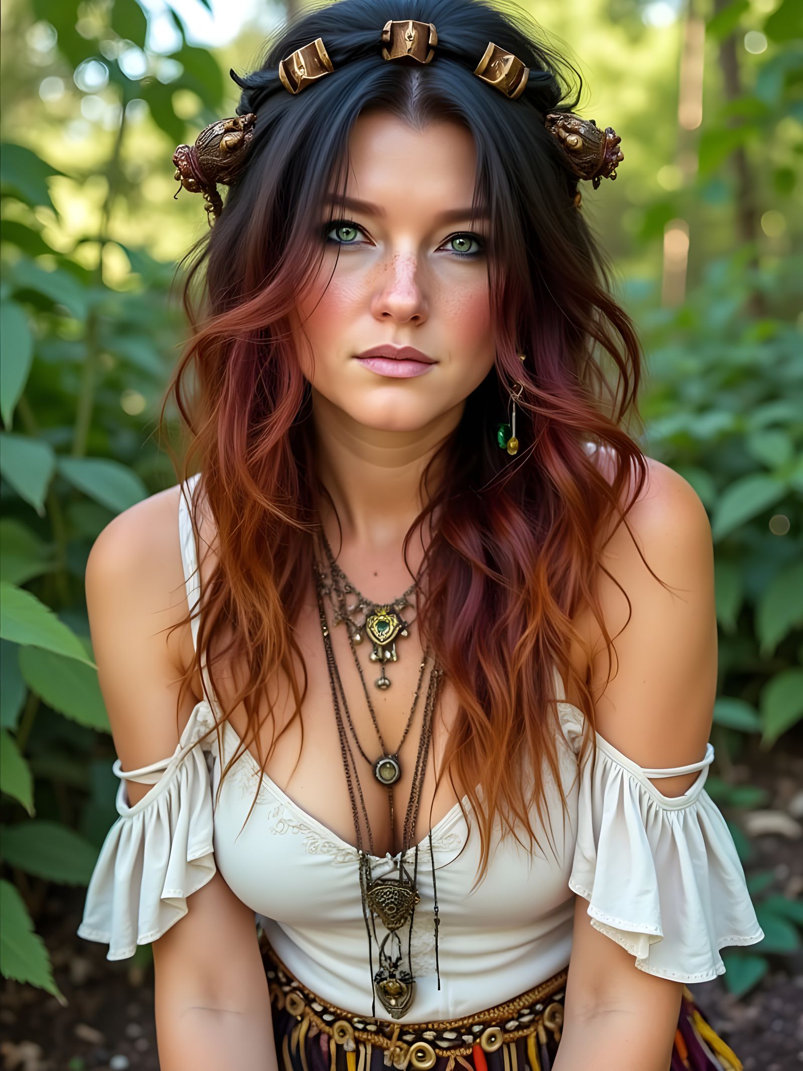Boho Witch in Lush Garden, Watercolor Style