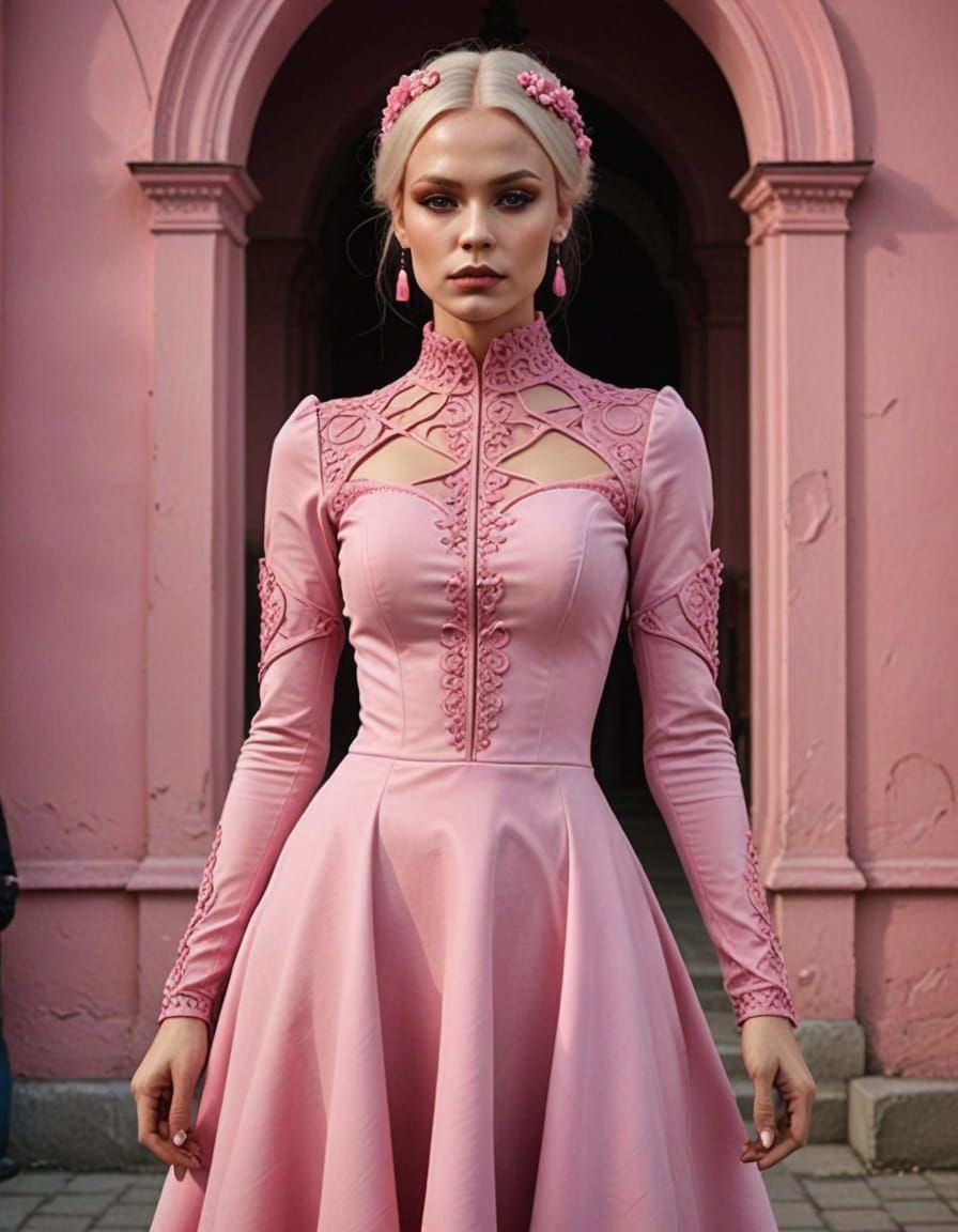 Athletic Russian Woman in Pink Gothic Dress