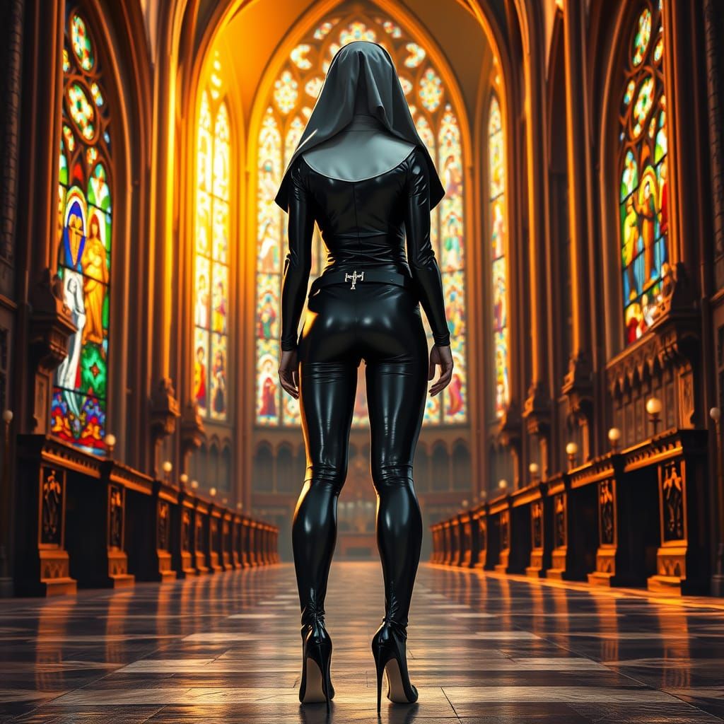 Confident Gothic Nun in Hyperrealistic Latex Bodysuit