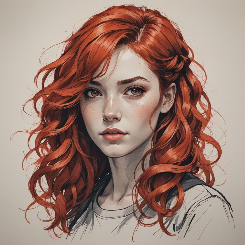 Drawing of Girl with Fiery Red Hair