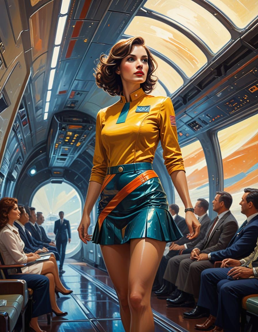 Art Deco Flight Attendant in Impressionistic Oil Painting