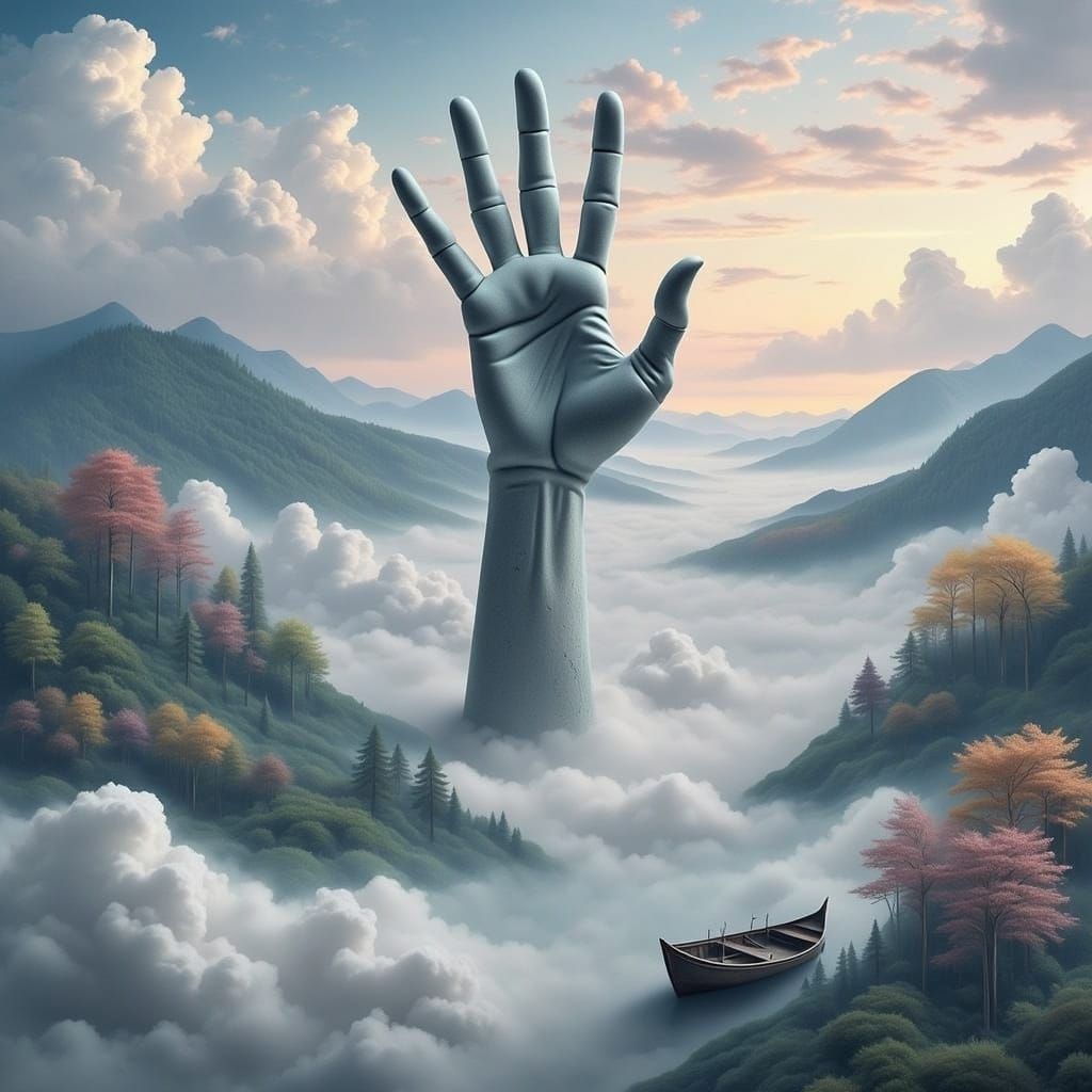 Surrealist Masterpiece of a Marble Hand Emerging from Whispy...