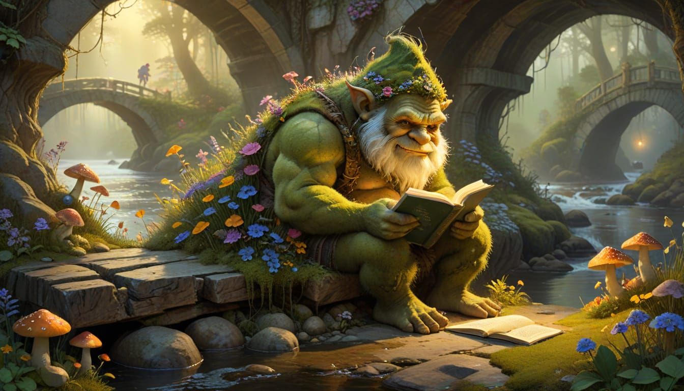 Whimsical Troll Family Reading Under a Bridge