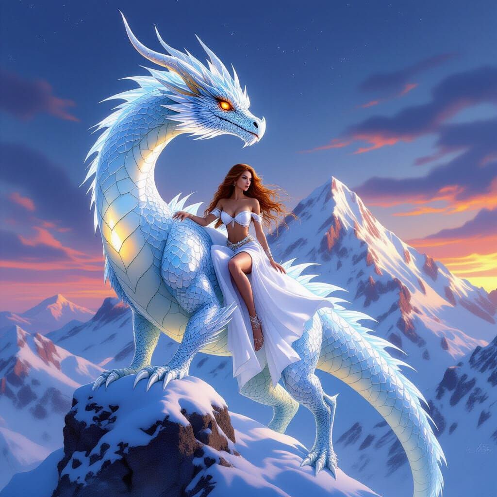 Crystal Dragon with Female Rider Near Mountain Peak